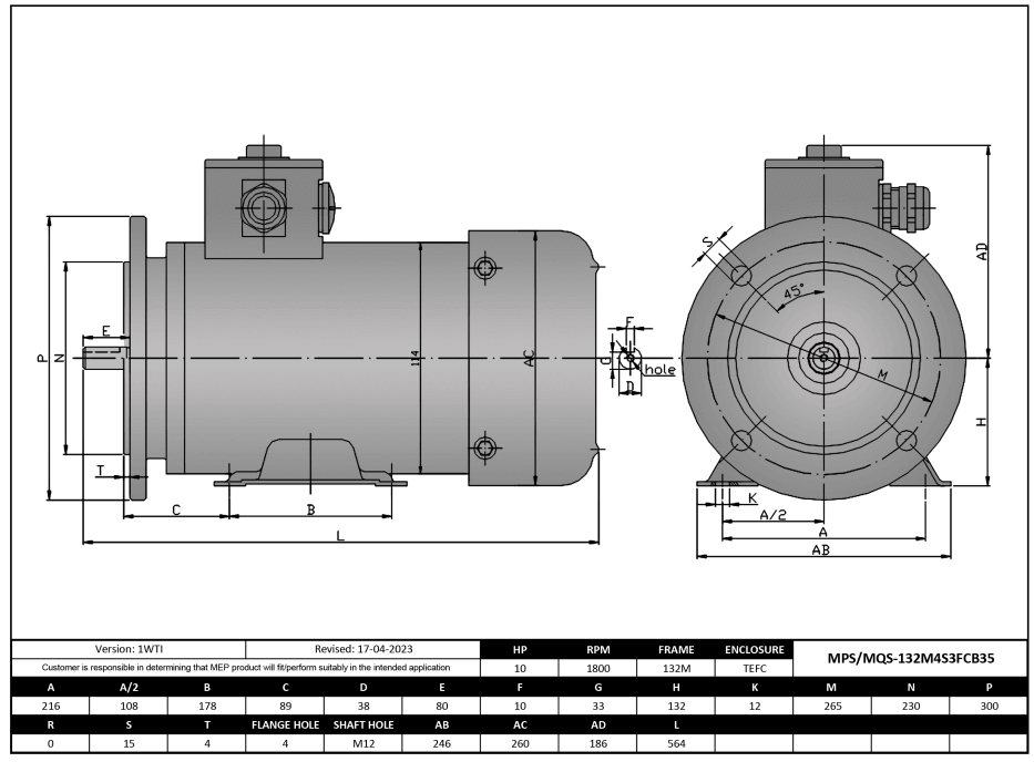 Max Motion MPS-132M4FC-S3-B35 | IEC Motor 10HP, 1800RPM, 575V, Frame 132M, TEFC, Rigid Base