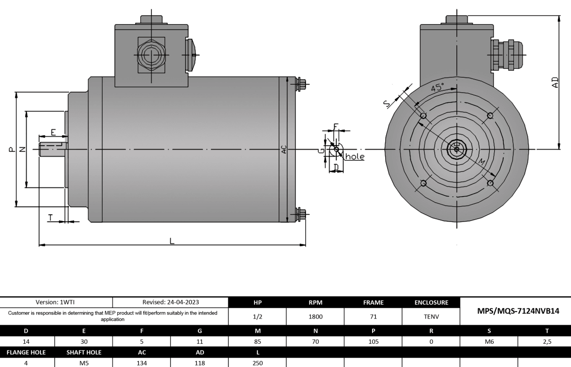 Max Motion MQS-7124NVB14 | IEC Motor 1/2HP, 1800RPM, 208-230/460V, Frame 71, TENV, Round Body Base