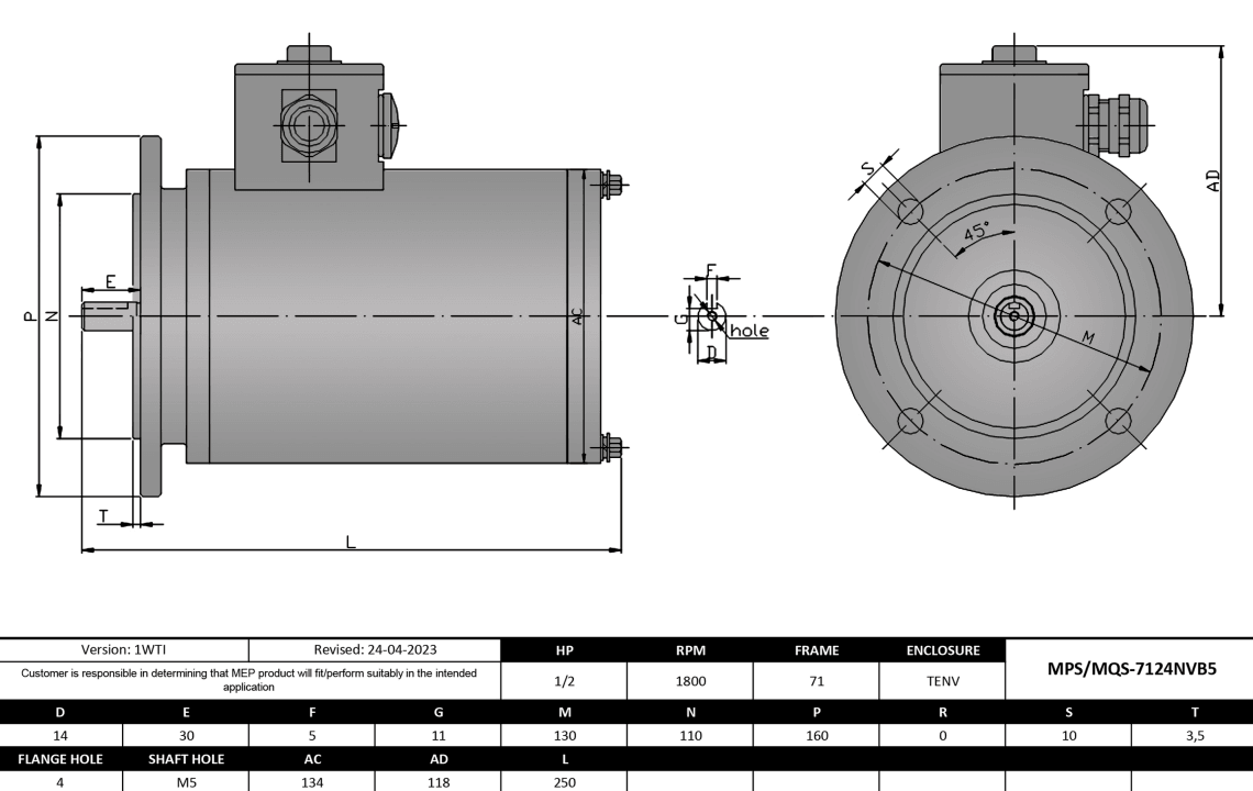 Max Motion MPS-7124NVB5 | IEC Motor 1/2HP, 1800RPM, 575V, Frame 71, TENV, Round Body Base