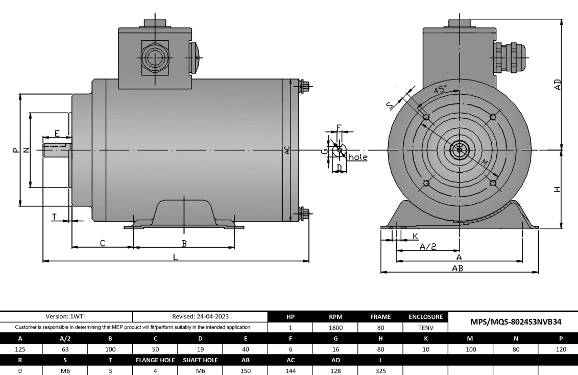Max Motion MQS-8024S3NVB34 | IEC Motor 1HP, 1800RPM, 208-230/460V, Frame 80, TENV, Rigid Base