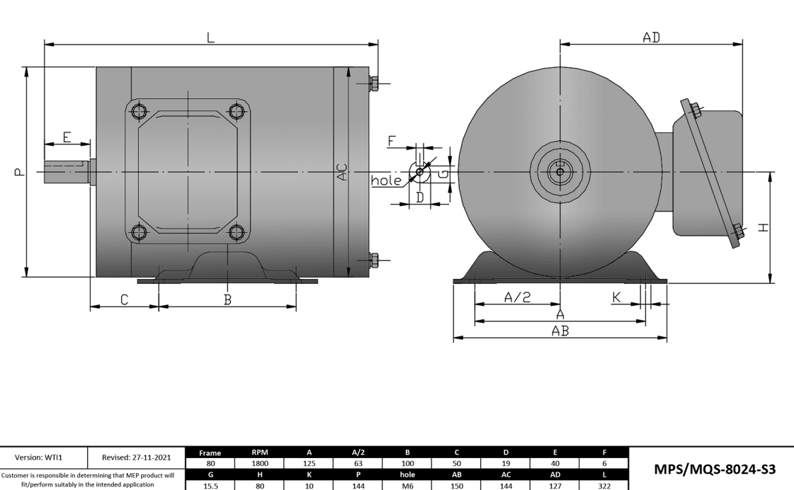 Max Motion MQS-8024-S3 | IEC Motor 1HP, 1800RPM, 208-230/460V, Frame 80, TENV, Rigid Base