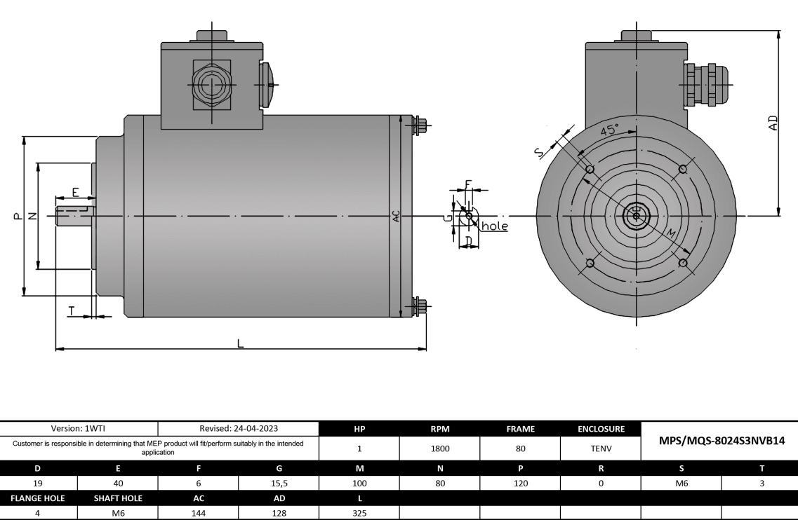 Max Motion MQS-8024S3NVB14 | IEC Motor 1HP, 1800RPM, 208-230/460V, Frame 80, TENV, Round Body Base