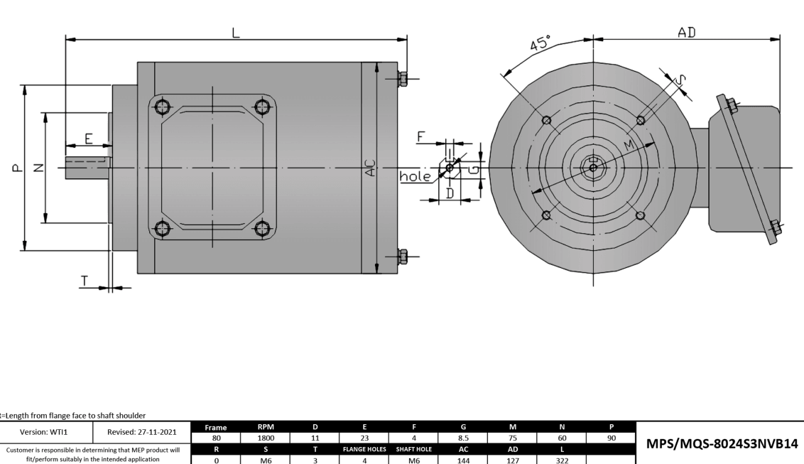 Max Motion MPS-8024S3NVB14 | IEC Motor 1HP, 1800RPM, 575V, Frame 80, TENV, Round Body Base