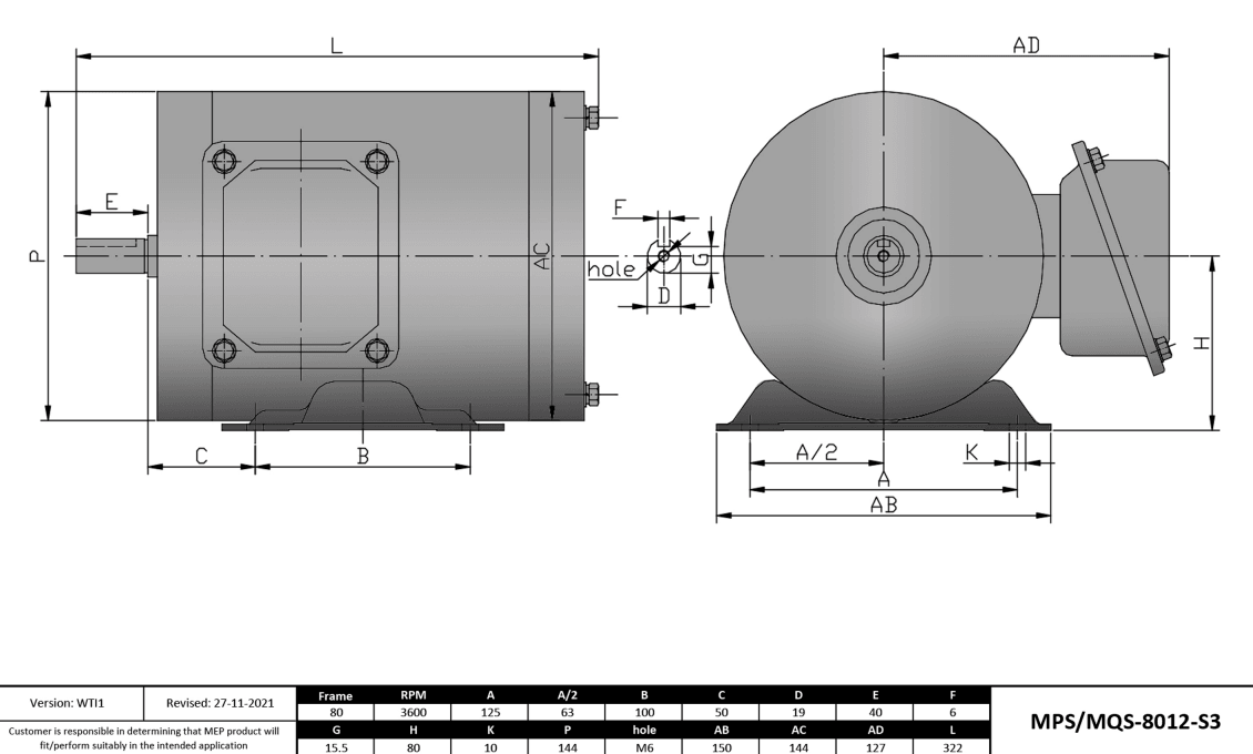 Max Motion MQS-8012-S3 | IEC Motor 1HP, 3600RPM, 208-230/460V, Frame 80, TENV, Rigid Base