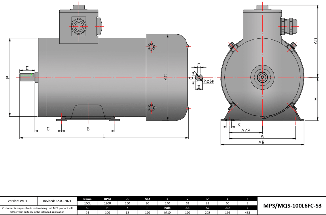 Max Motion MQS-100L6FC-S3 | IEC Motor 2HP, 1200RPM, 208-230/460V, Frame 100L, TEFC, Rigid Base