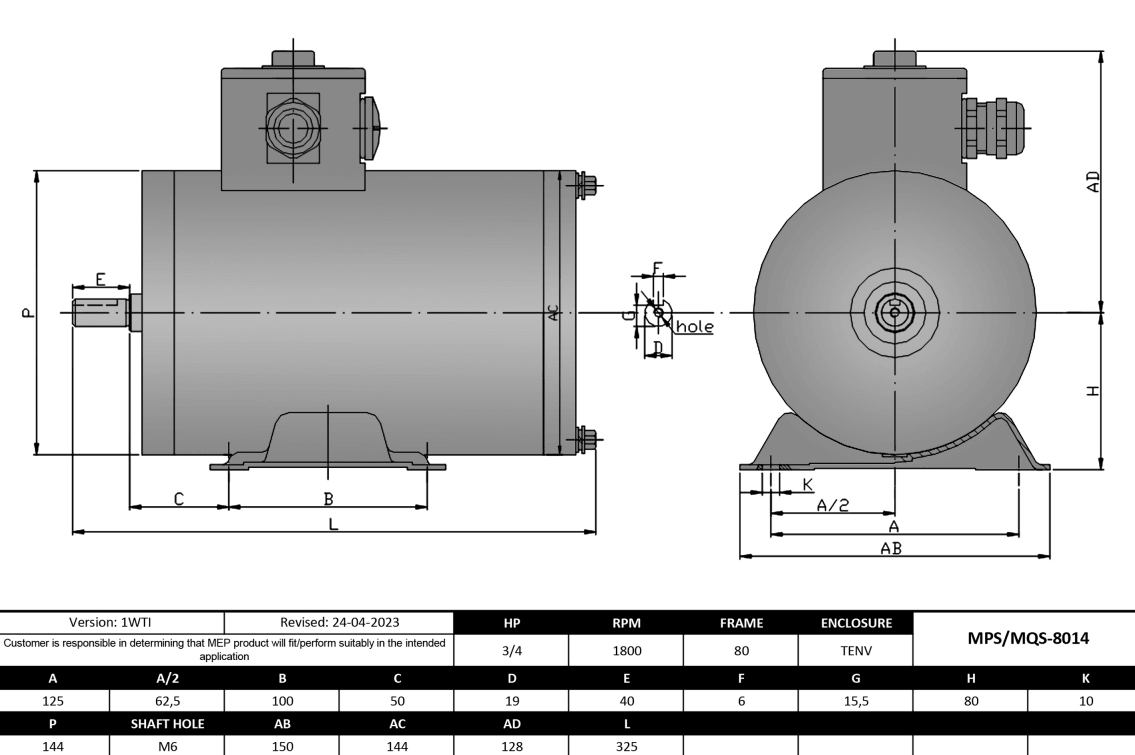 Max Motion MQS-8014 | IEC Motor 3/4HP, 1800RPM, 208-230/460V, Frame 80, TENV, Rigid Base