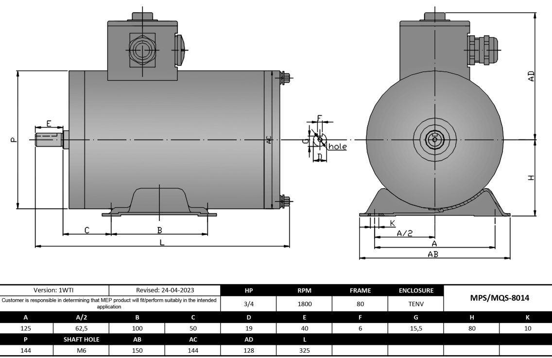 Max Motion MPS-8014 | IEC Motor 3/4HP, 1800RPM, 575V, Frame 80, TENV, Rigid Base