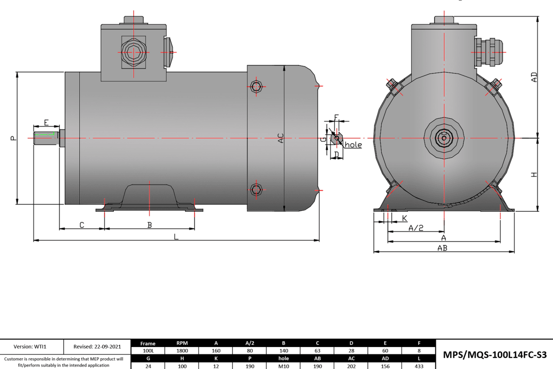Max Motion MQS-100L14FC-S3 | IEC Motor 3HP, 1800RPM, 208-230/460V, Frame 100L, TEFC, Rigid Base
