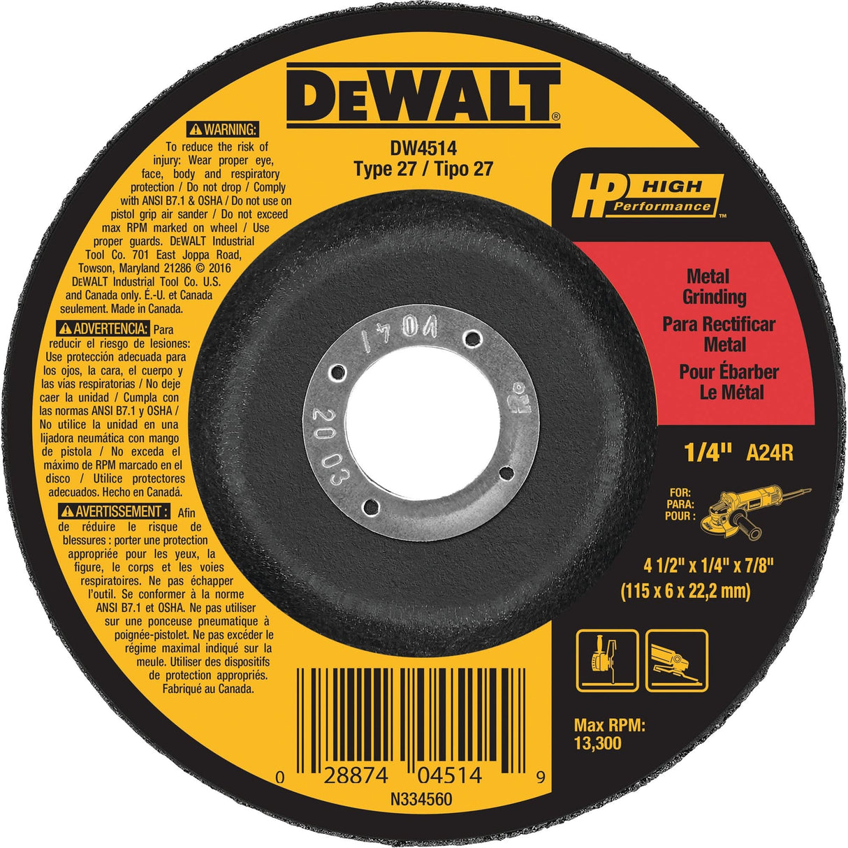 High Performance Metal Grinding Wheel, 4-1/2" x 1/4", 7/8" Arbor, Aluminum Oxide, Type 27