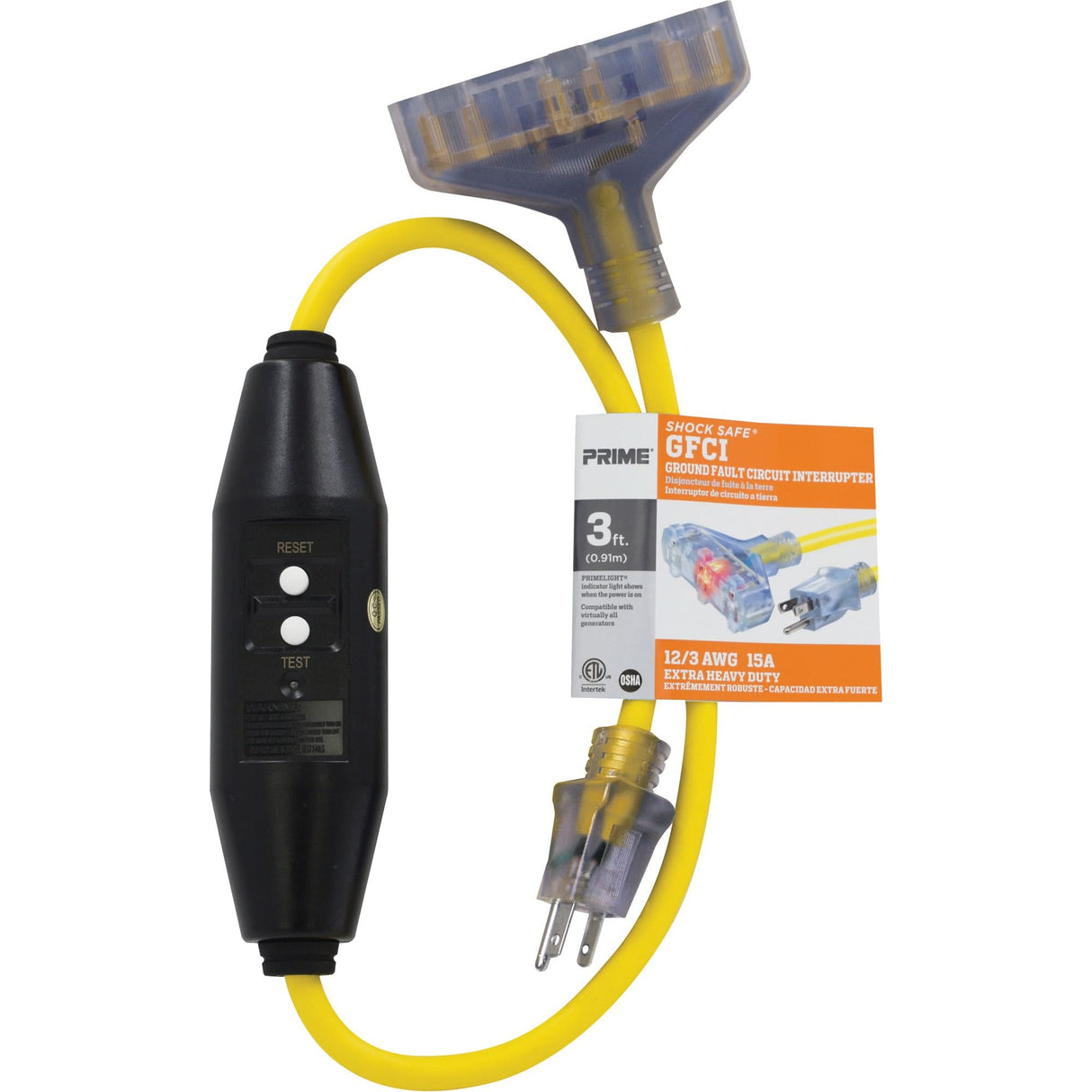 Shocksafe® GFCI Triple Tap Adapter, 125 V, 15 A, 3' Cord