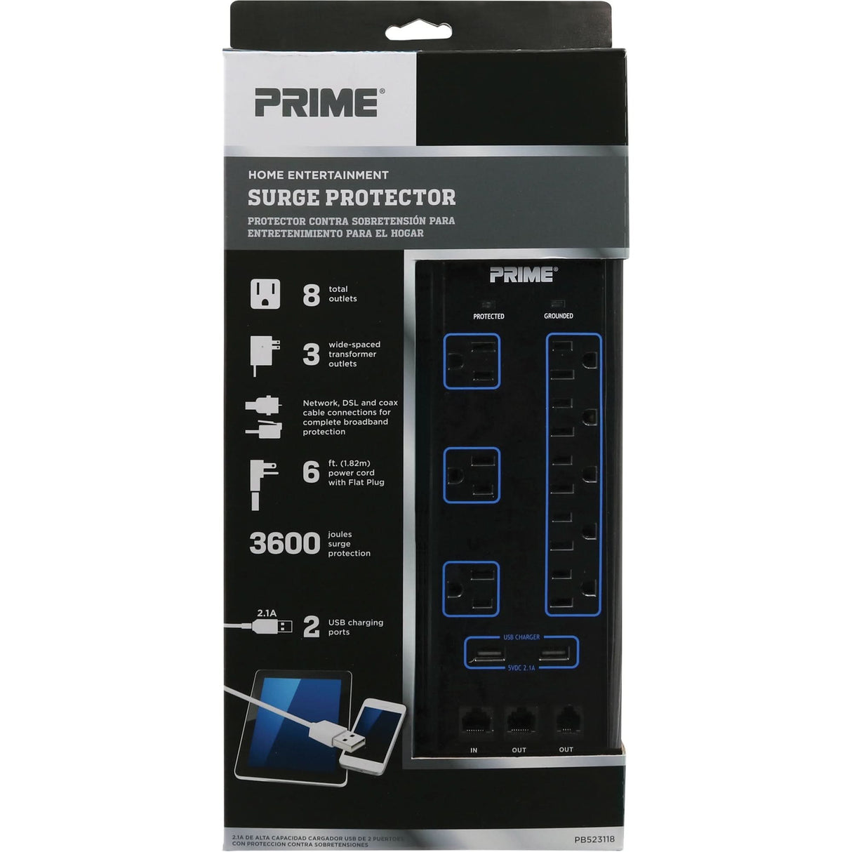 USB Charging Surge Protectors, 8 Outlets, 3600 J, 1875 W, 6' Cord