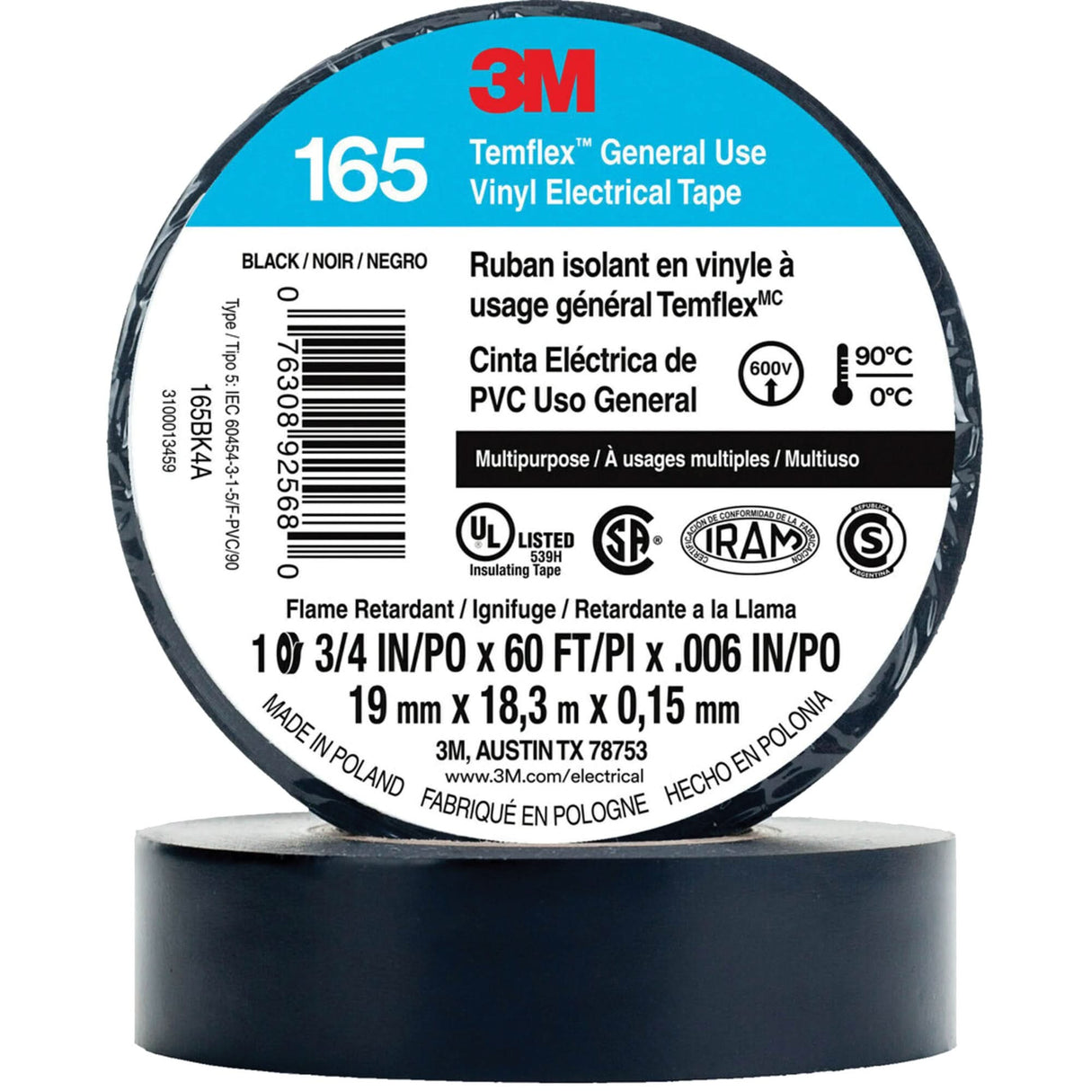 Temflex™ General Use Vinyl Electrical Tape 165, 19 mm (3/4") x 18 M (60'), Black, 6 mils