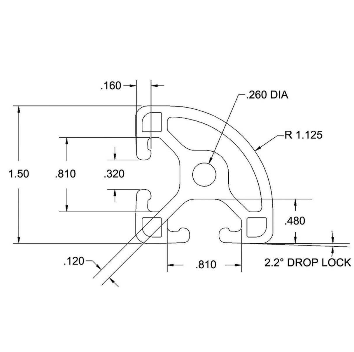 1.5" x 1.5" Quarter-Round T-Slot Aluminum Extrusion Smooth Lite