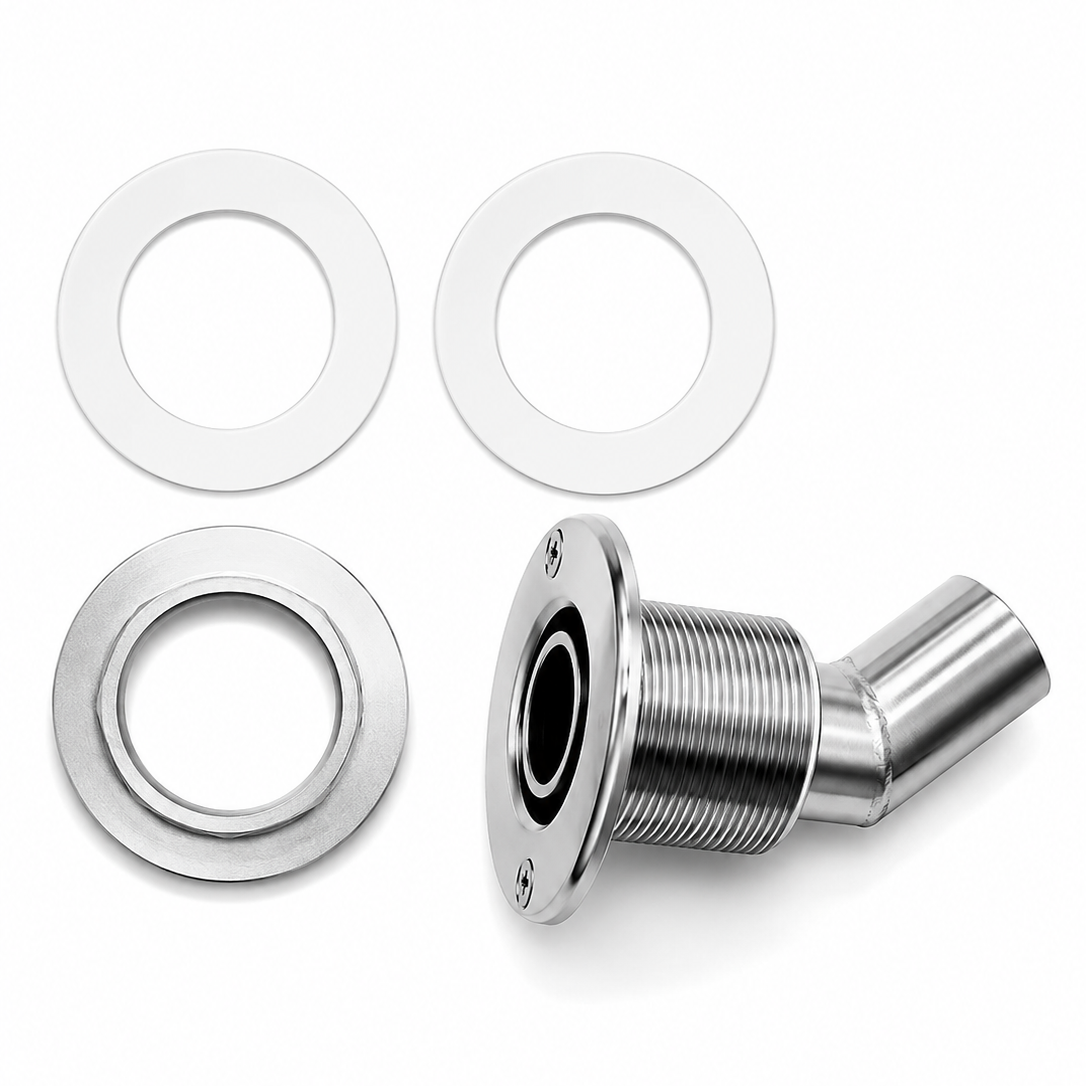 Stainless Steel Thru Hull Fitting, 38 mm, 90° Base, Angled Connector, Boltless