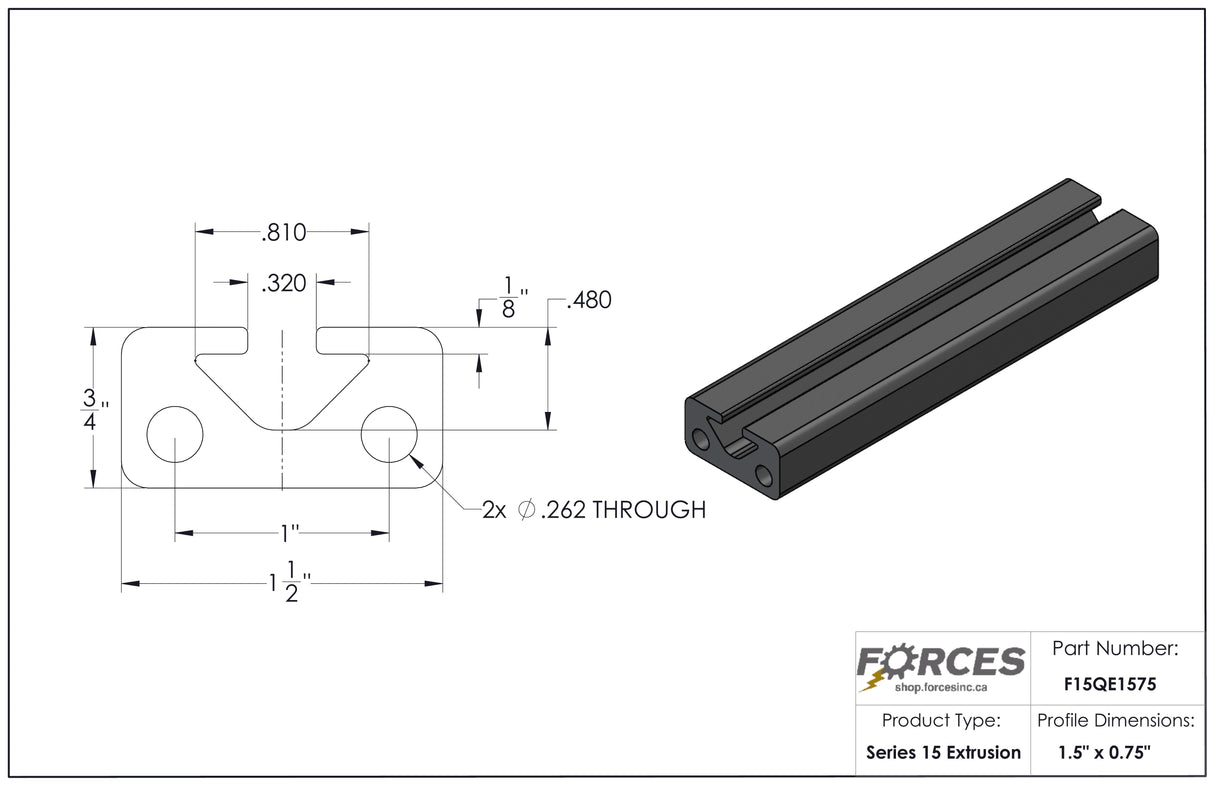1.5" x 0.75" T-Slotted Aluminum Extrusion Smooth