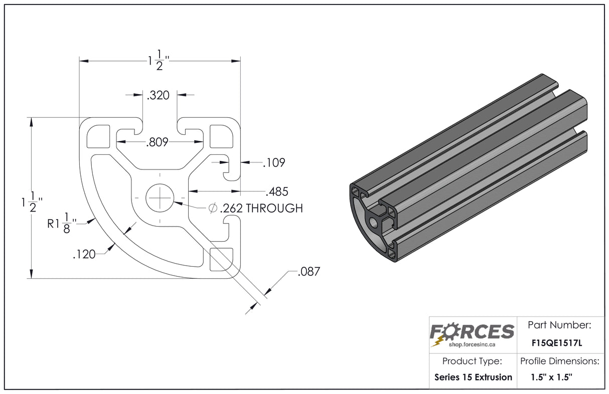1.5" x 1.5" Quarter-Round T-Slot Aluminum Extrusion Smooth Lite