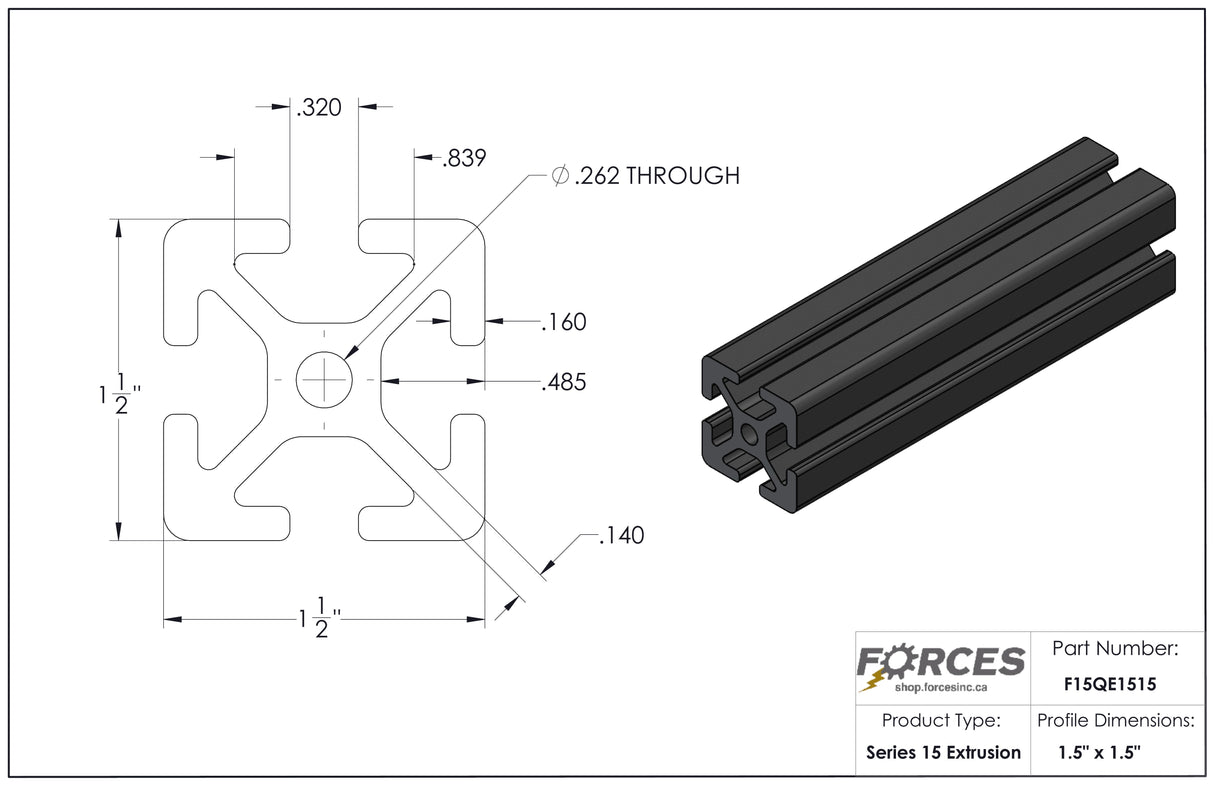 1.5" x 1.5" T-Slotted Aluminum Extrusion Black Smooth