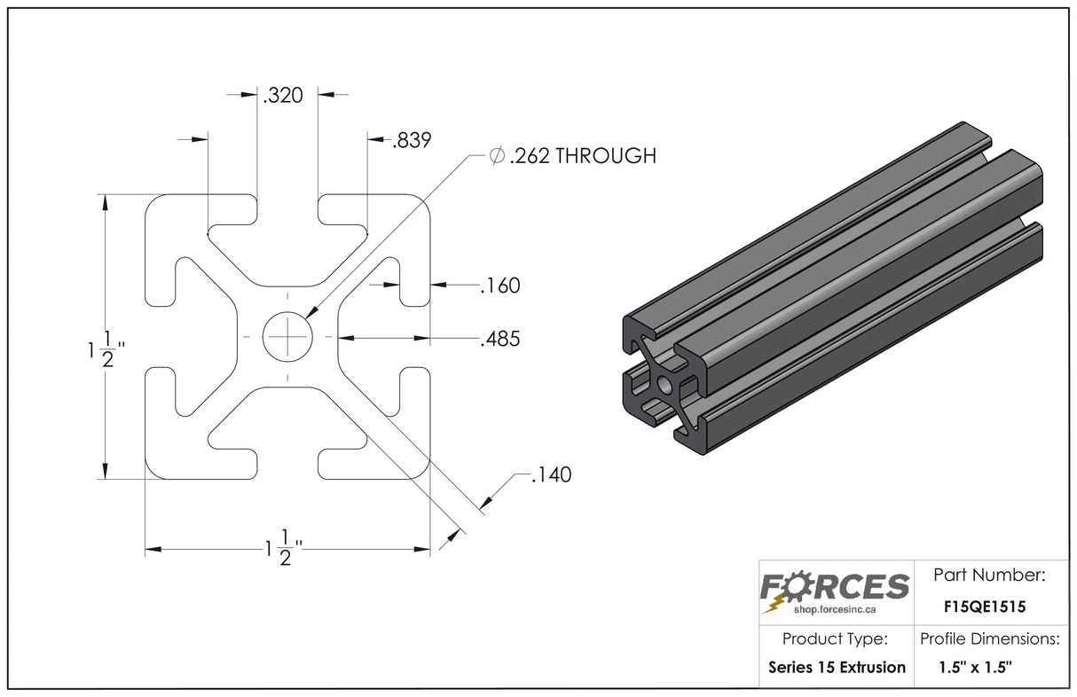 1.5" x 1.5" T-Slotted Aluminum Extrusion Smooth