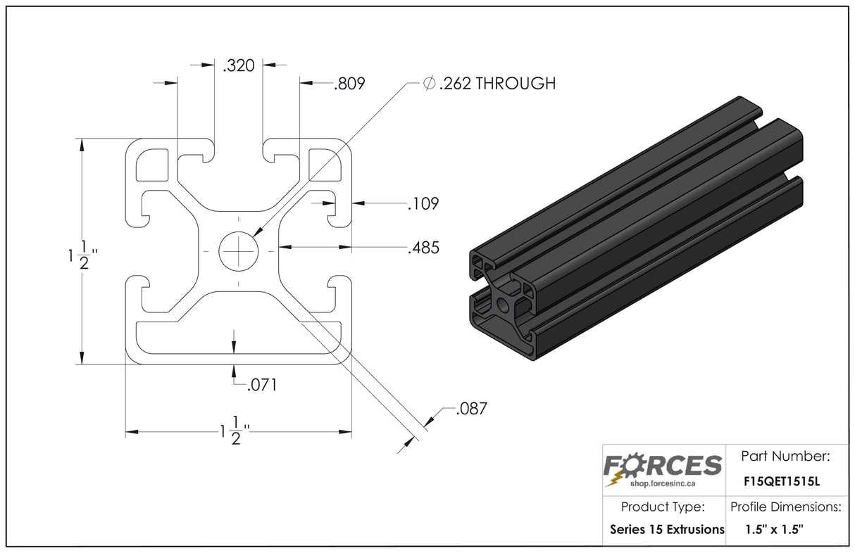1.5" x 1.5" Black Tri Slot Aluminum Extrusion Smooth Lite