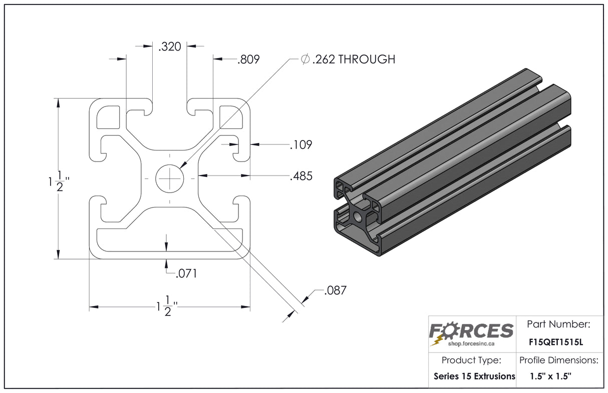 1.5" x 1.5" Tri Slot Aluminum Extrusion Smooth Lite