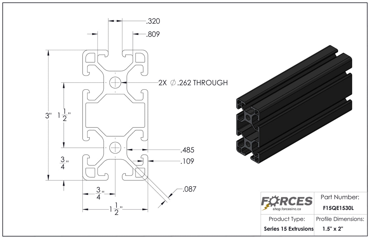 1.5" x 3" T-Slotted Aluminum Extrusion Black Smooth Lite