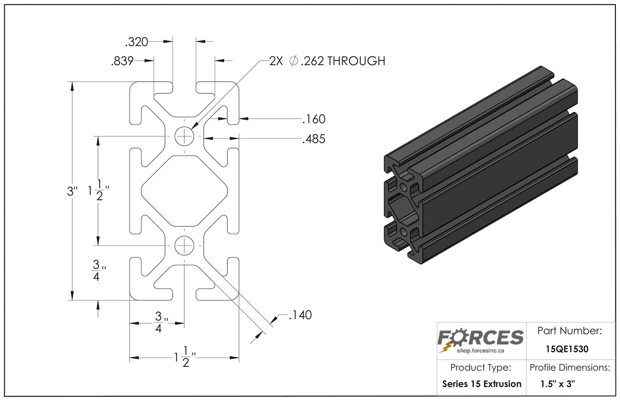 1.5" x 3" T-Slotted Aluminum Extrusion Smooth