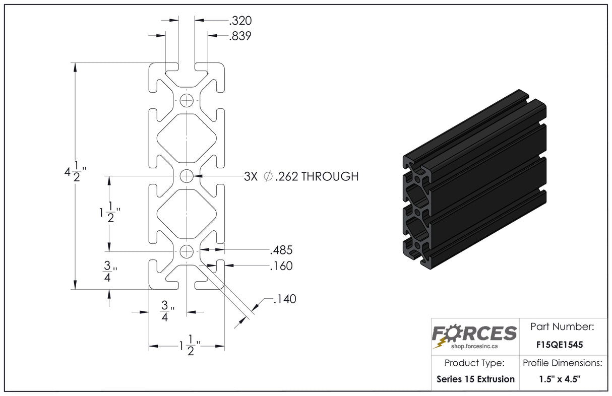 1.5" x 4.5" T-Slotted Aluminum Extrusion Black Smooth