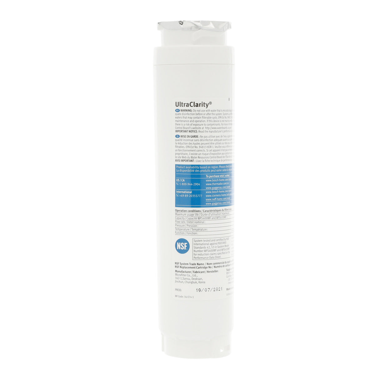 Bosch 11034152 UltraClarity Fridge Water Filter, BORPLFTR10, RA450010