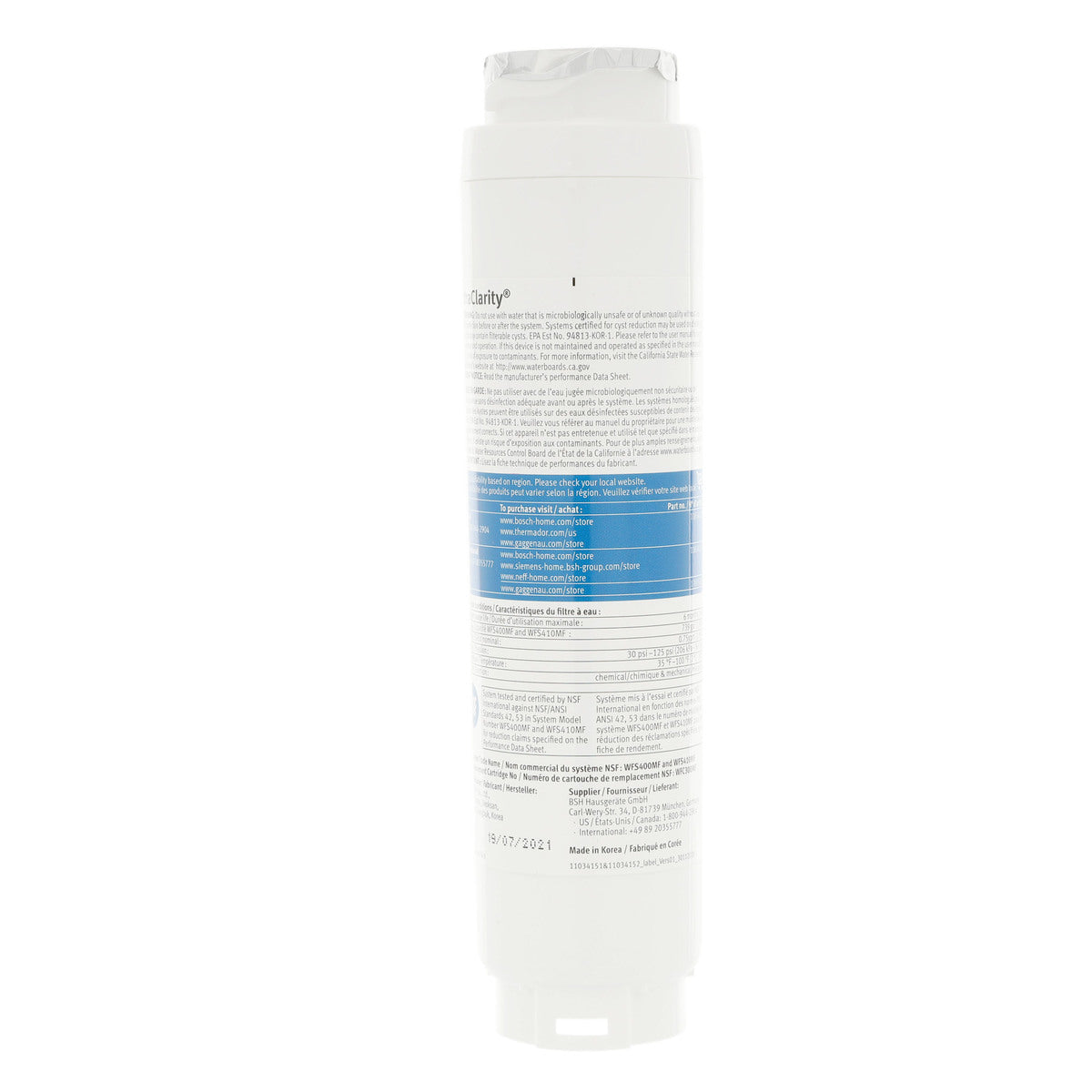 Bosch 11034152 UltraClarity Fridge Water Filter, BORPLFTR10, RA450010