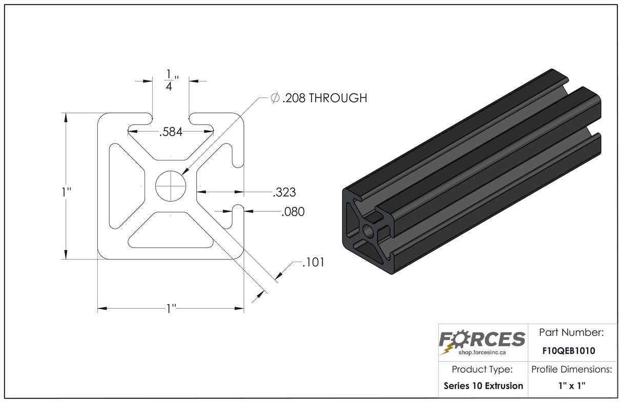 1" x 1" Black Smooth Bi-Slotted Aluminum Extrusion