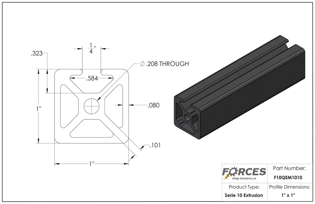 1" x 1" Black Smooth Mono T-Slotted Aluminum Extrusion
