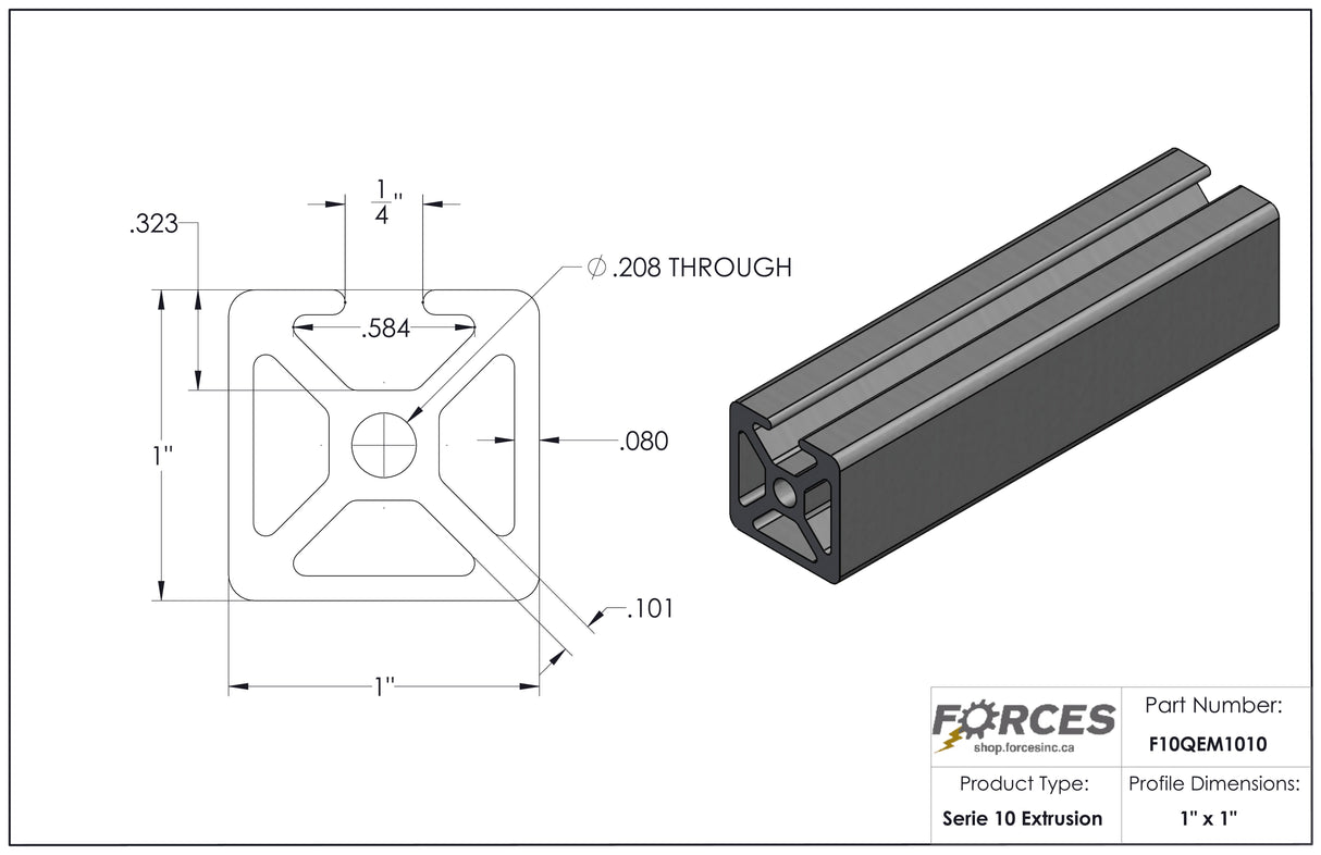 Extrusión de aluminio monocanal liso de 1" x 1" con ranura en T