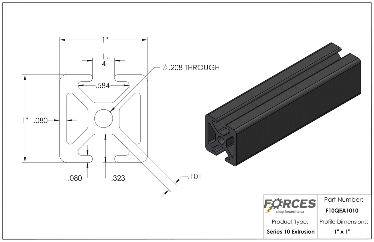 1" x 1" Black Opposite Smooth Bi-Slotted Aluminum Extrusion