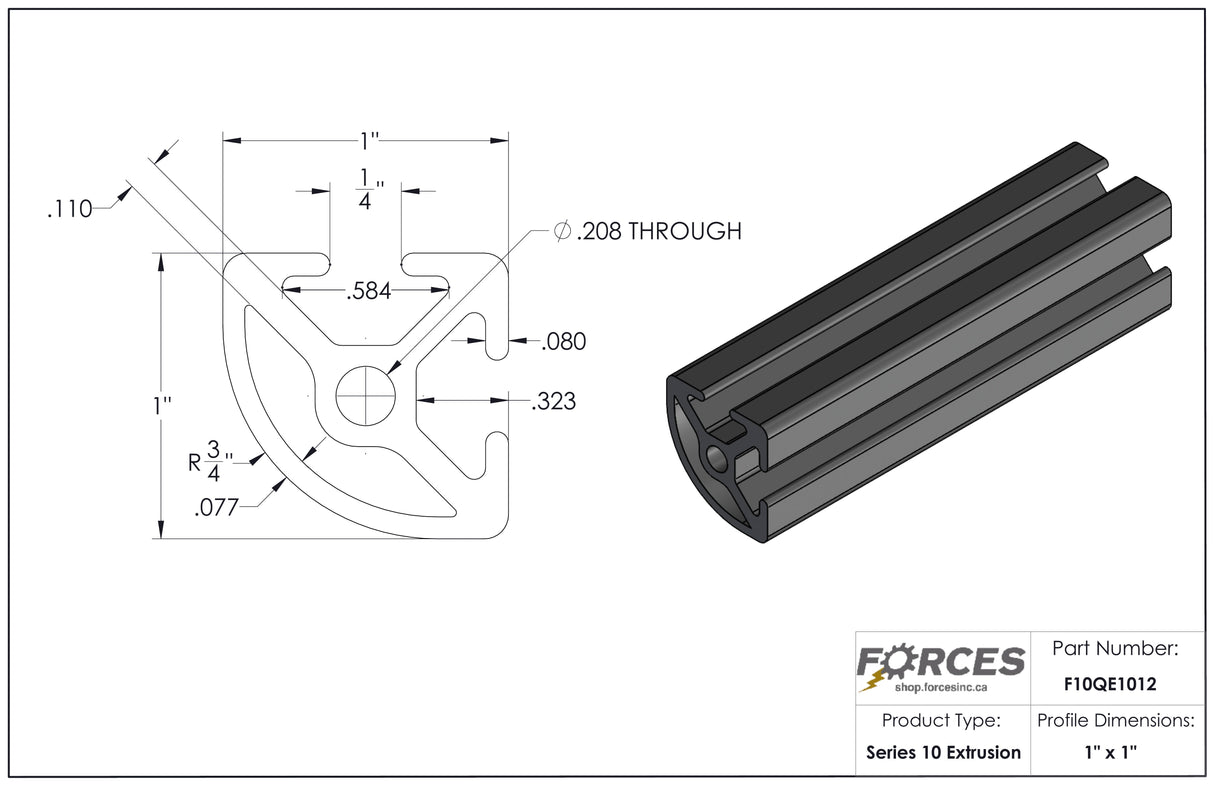 1" x 1" Quarter-Round Smooth T-Slotted Aluminum Extrusion