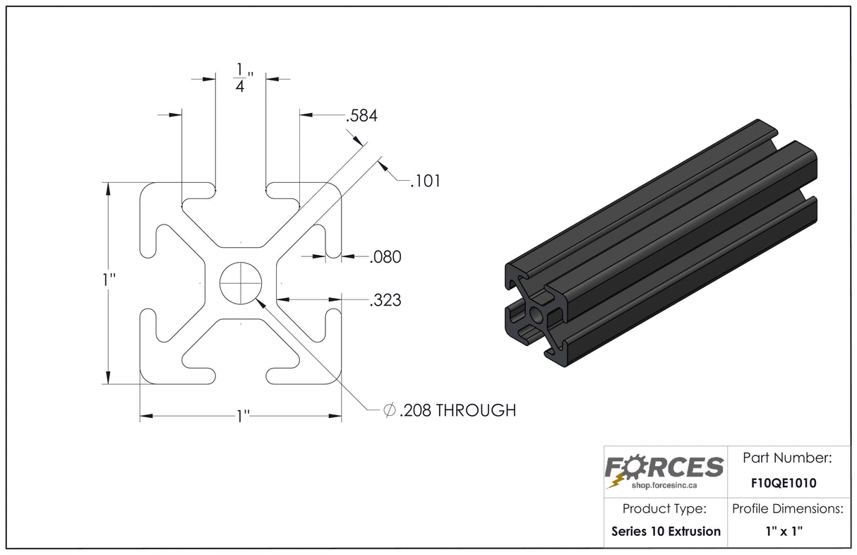 1" x 1" Black Smooth T-Slotted Aluminum Extrusion