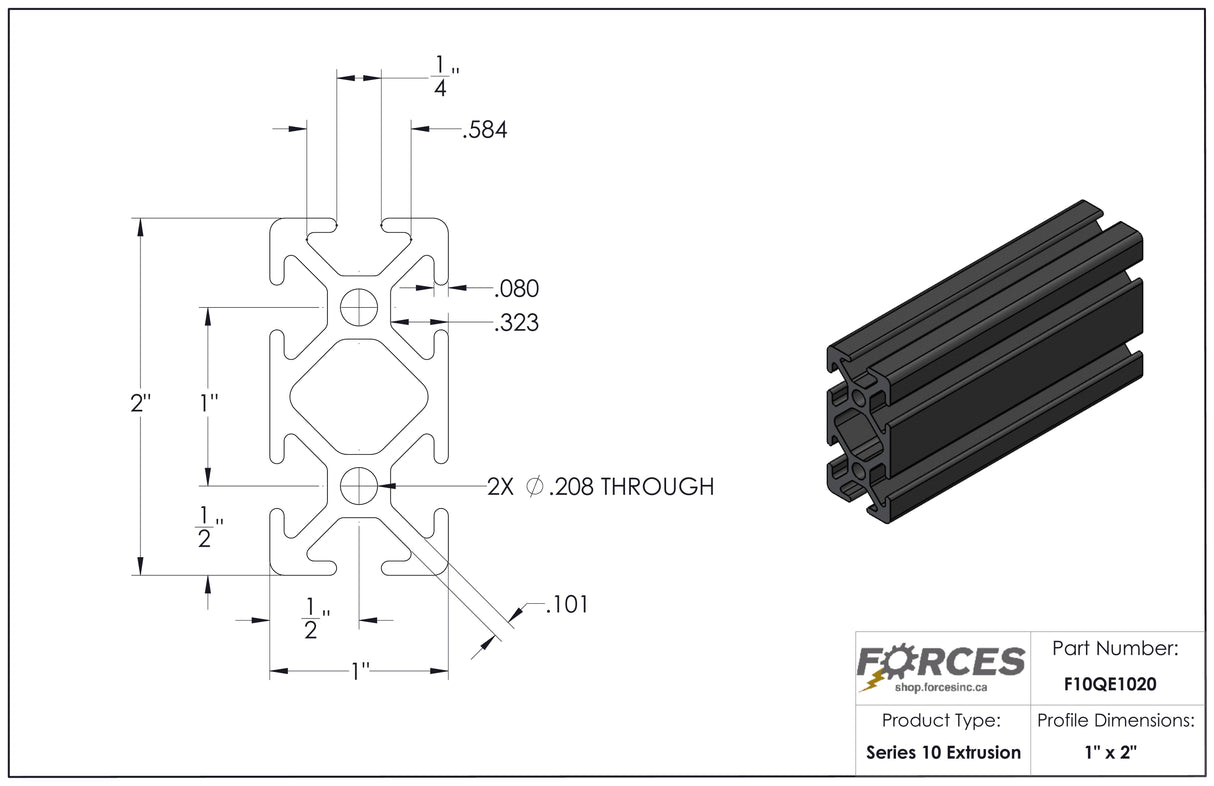 1" x 2" Black Smooth T-Slotted Aluminum Extrusion