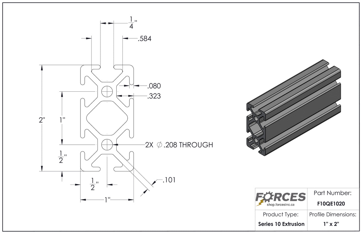 1" x 2" Smooth T-Slotted Aluminum Extrusion