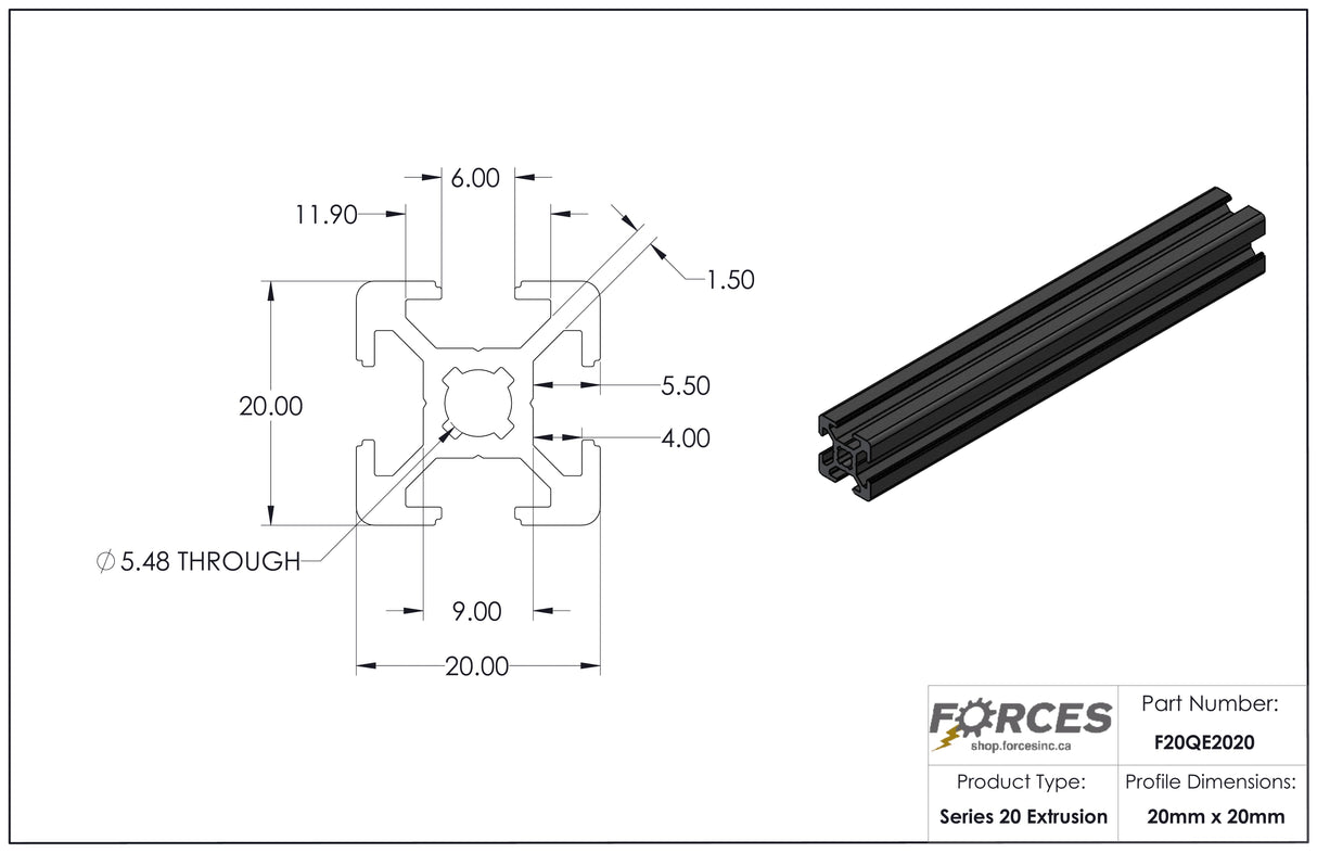 20mm x 20mm Black Smooth T-Slotted Aluminum Extrusion