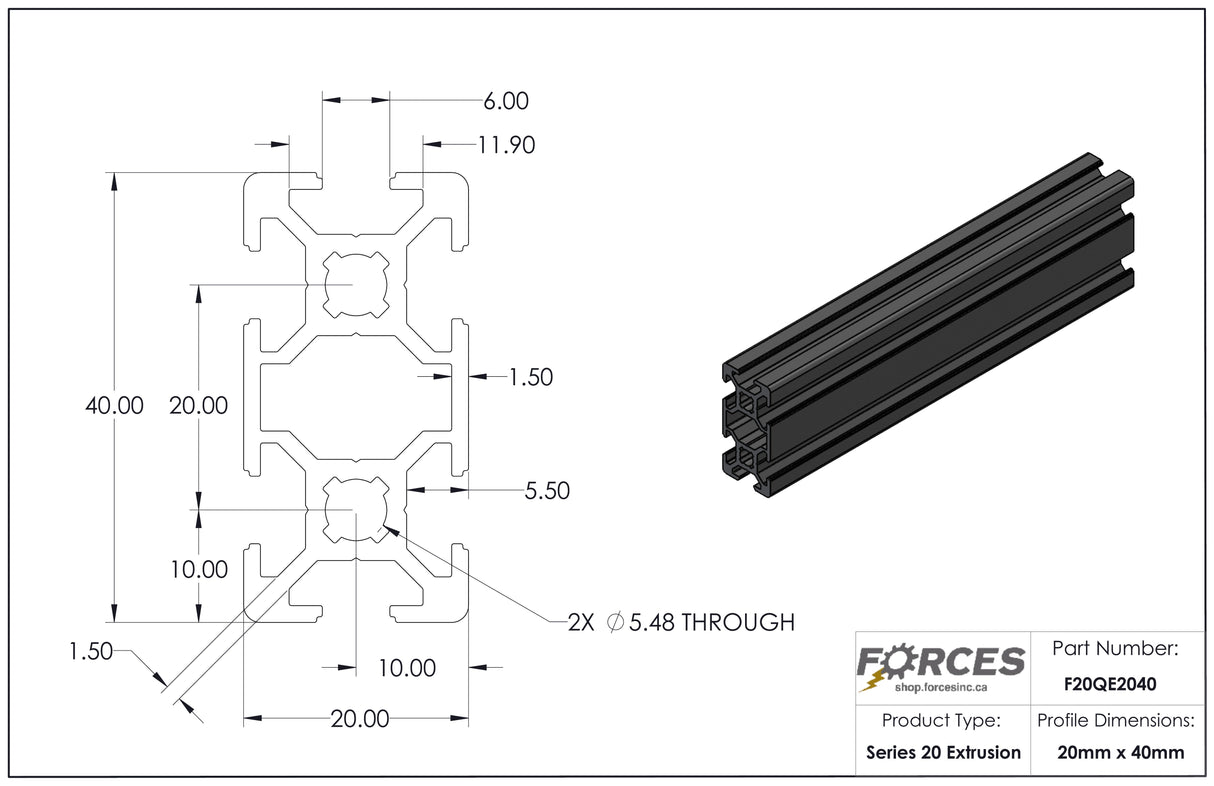 20mm x 40mm Smooth T-Slotted Aluminum Extrusion