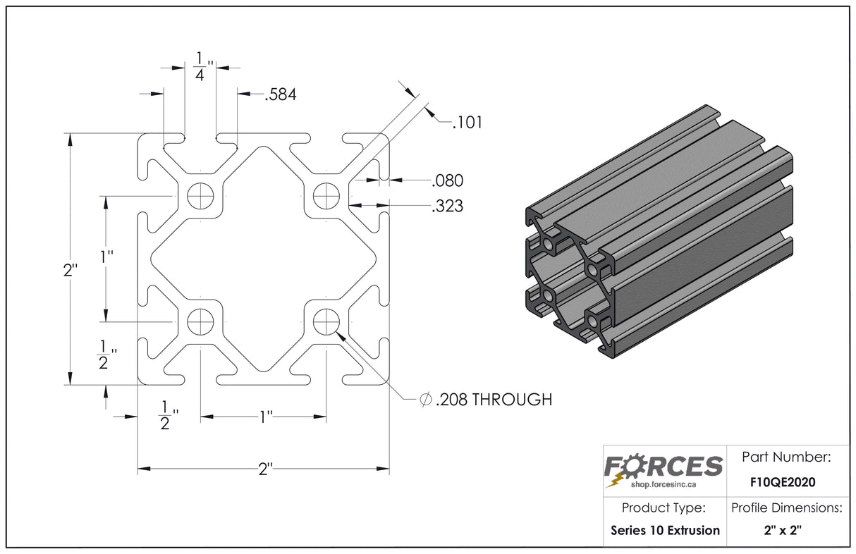 2" x 2" Smooth T-Slotted Aluminum Extrusion