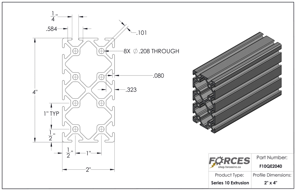 2" x 4" Smooth T-Slotted Aluminum Extrusion