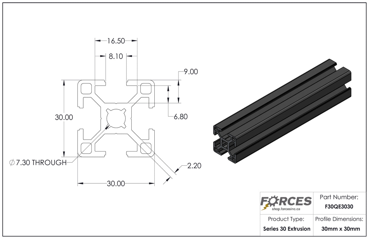 30mm x 30mm Black Smooth T-Slotted Aluminum Extrusion