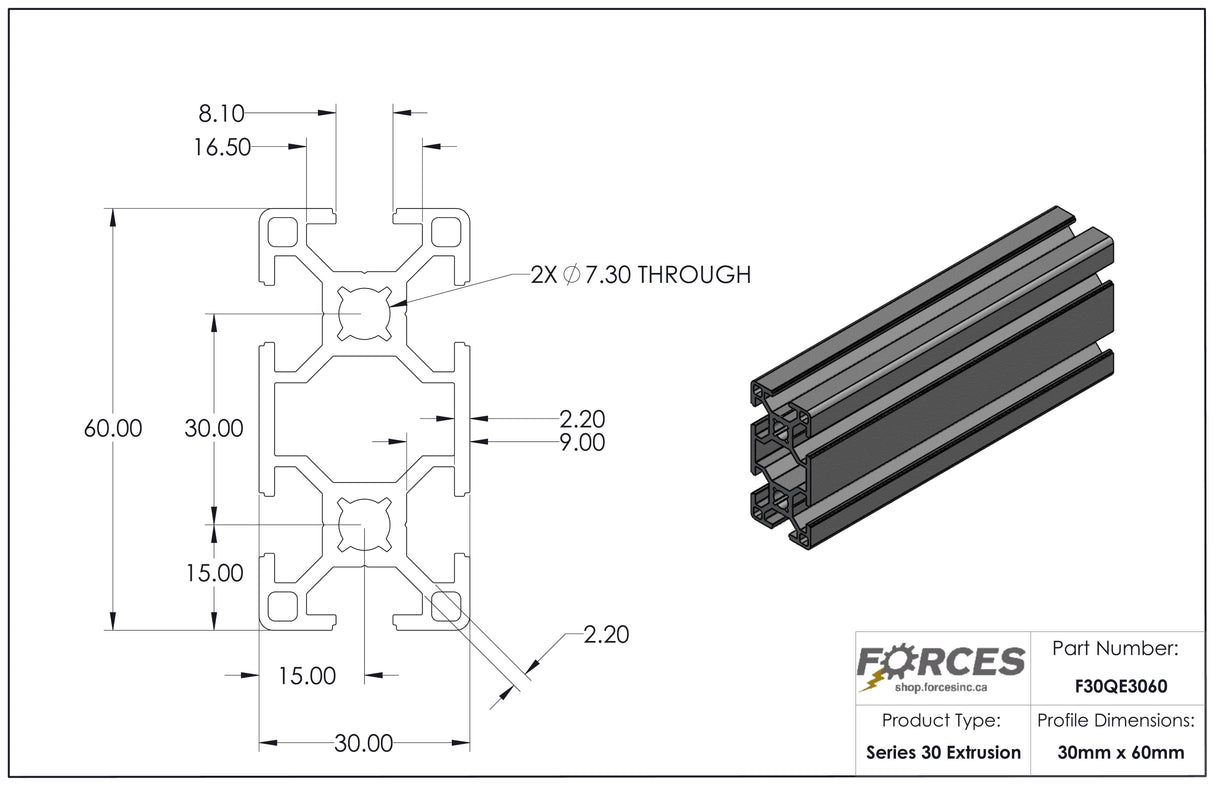 30mm x 60mm Smooth T-Slotted Aluminum Extrusion