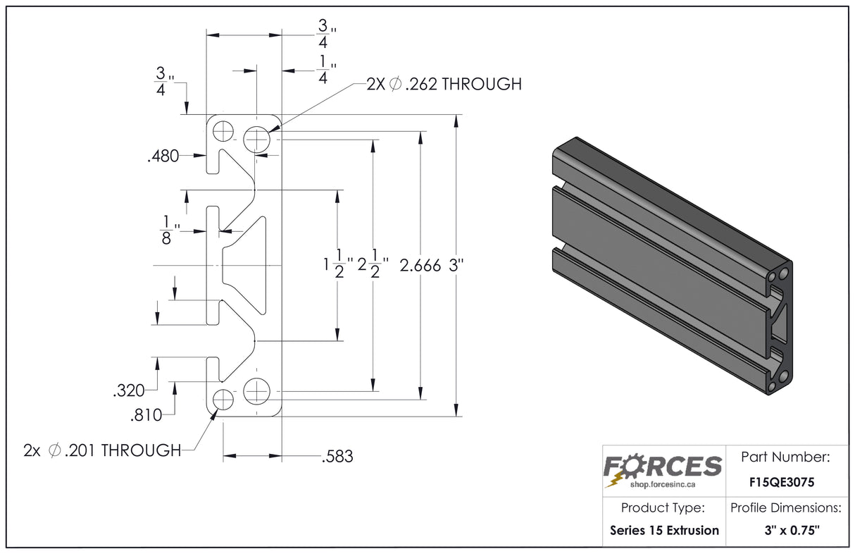 3" x 0.75" T-Slotted Aluminum Extrusion Smooth