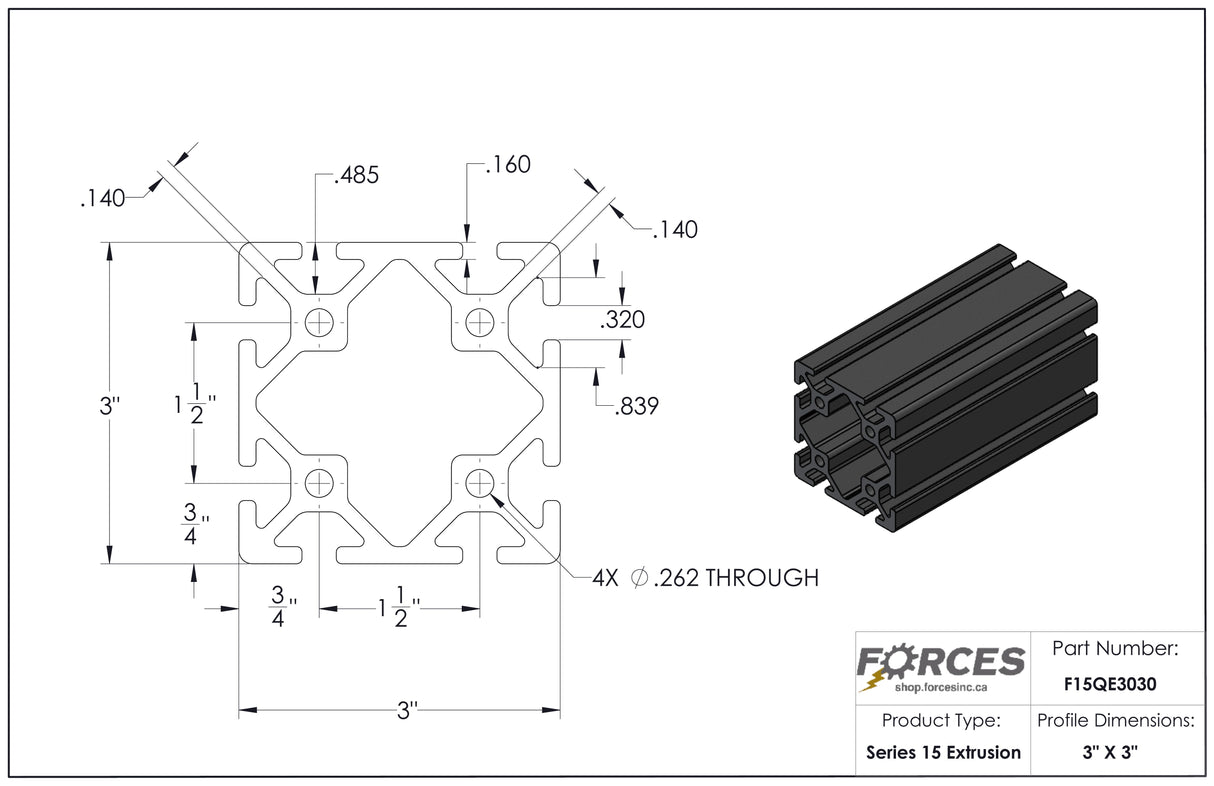 3" x 3" T-Slotted Aluminum Extrusion Black Smooth