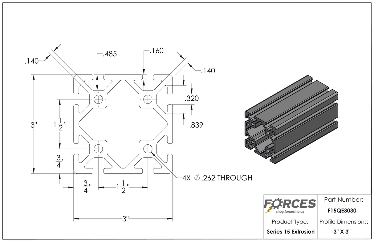 3" x 3" T-Slotted Aluminum Extrusion Smooth