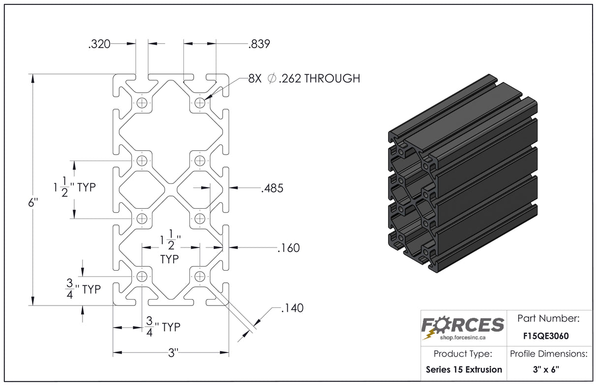 3" x 6" T-Slotted Aluminum Extrusion Smooth