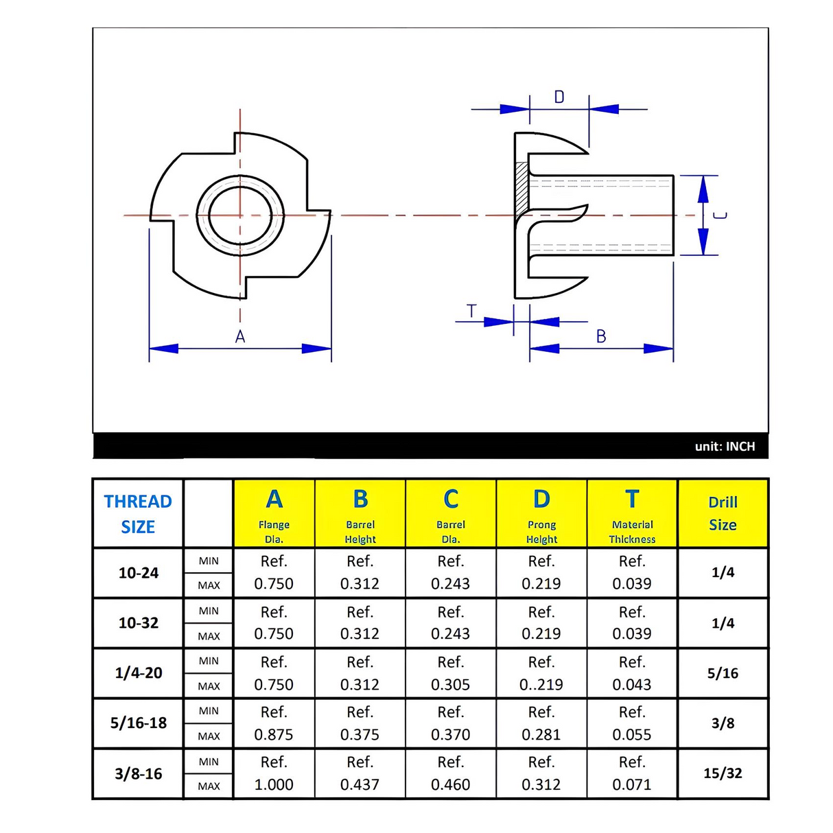 4 Prong T-Nut 3/8"-16 - Zinc Plated