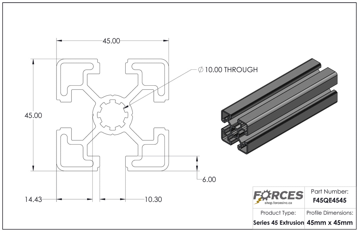 45mm x 45mm Smooth T-Slotted Aluminum Extrusion