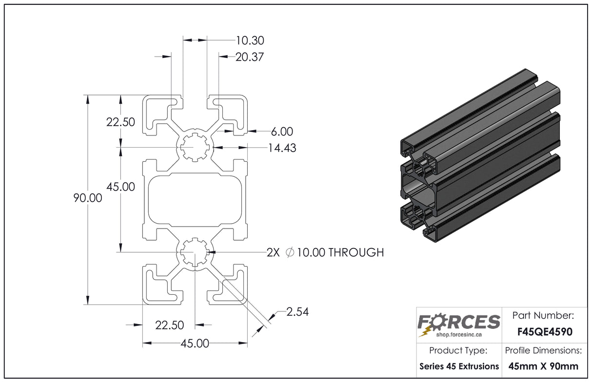 45mm x 90mm Smooth T-Slotted Aluminum Extrusion